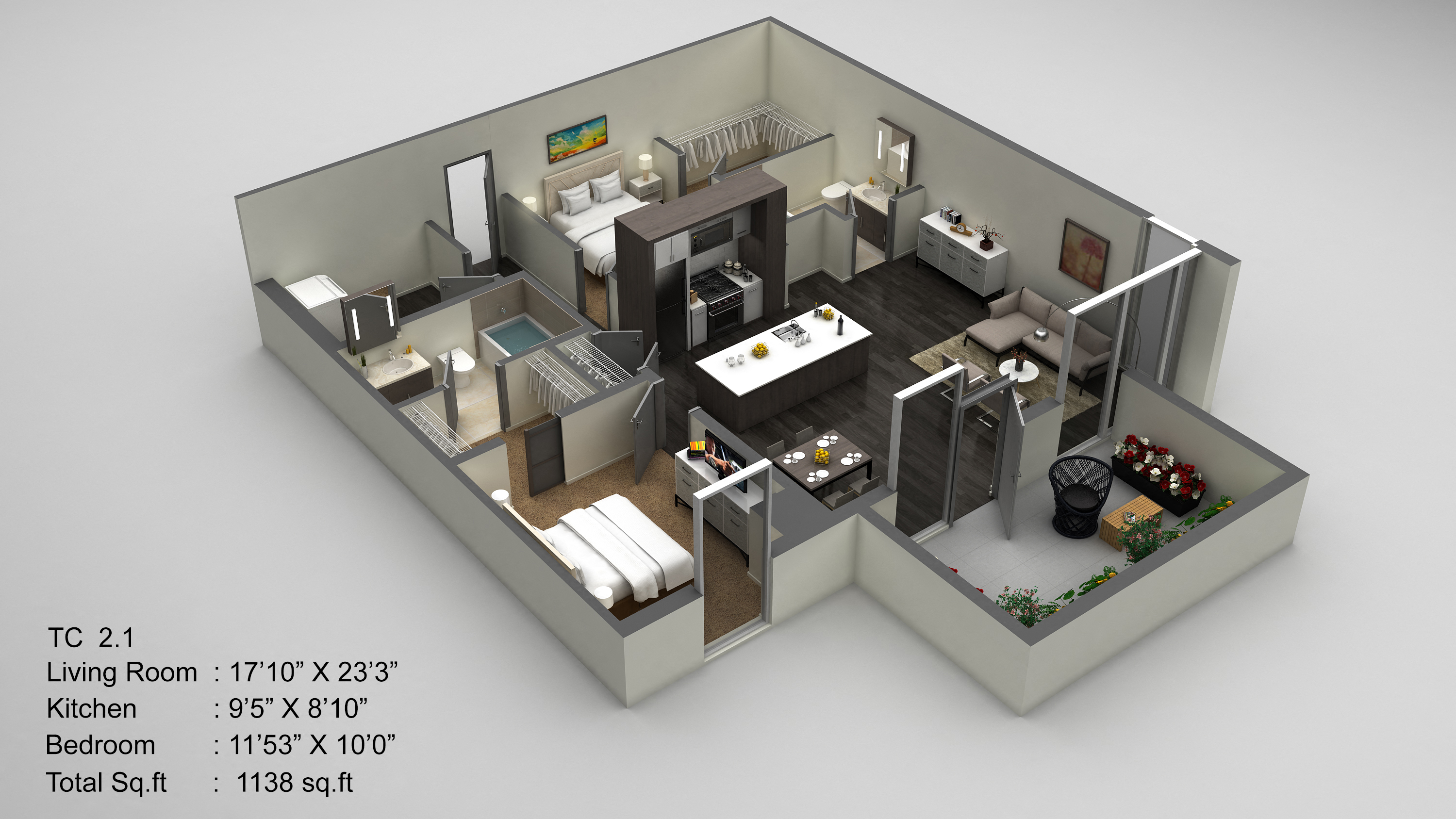 Floor plan for 2 beds, 1.5 baths, 1138 sqft